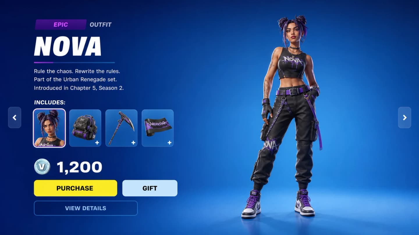 Een fictieve shopkaart voor de battle-royalegame Nova toont een stedelijk personage in zwarte en paarse streetwear, naast cosmetische items en een prijs van 1.200.
