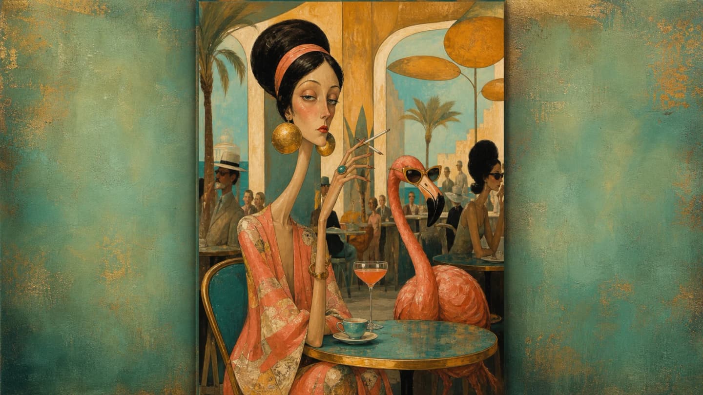 Op een Rivieracaféschilderij in turquoise en koraal zit een excentrieke vrouw met torenhoog zwart haar en grote gouden oorbellen naast een flamingo met zonnebril.