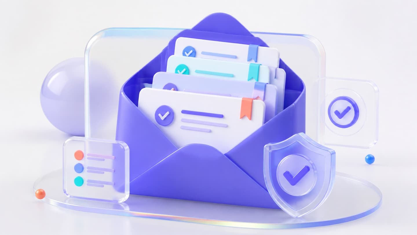 Een elegante open envelop met netjes georganiseerde antwoordkaarten, goedkeuring vinkjes en een klein recensieschild.