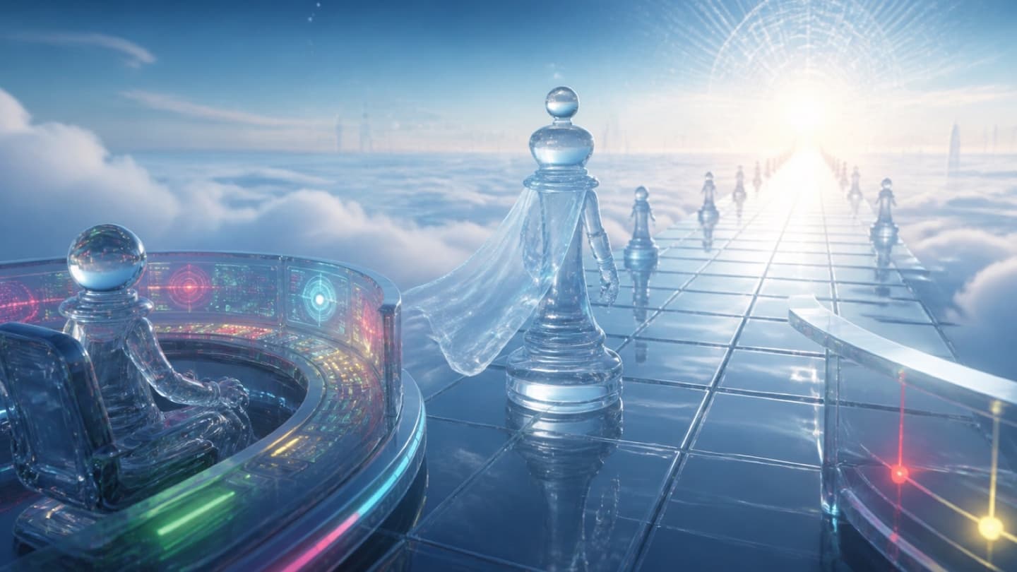 Symbolische onderzoeksleider die een operationele console verlaat en naar een verre AI-horizon stapt.