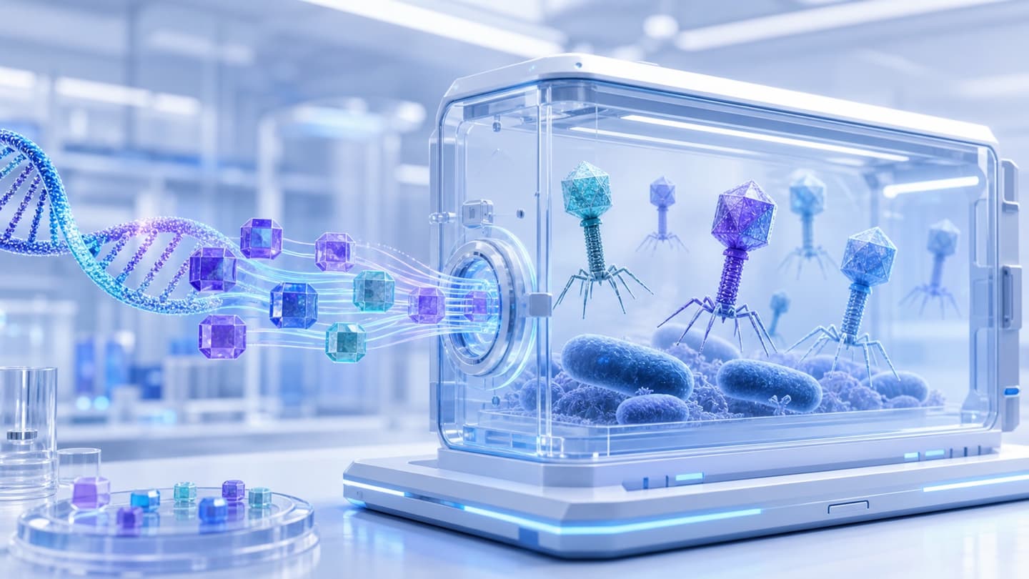 Lichtgevend DNA en genoomblokken die een afgesloten glazen laboratoriumkamer binnenstromen met bacteriofagen en staafvormige bacteriecellen.