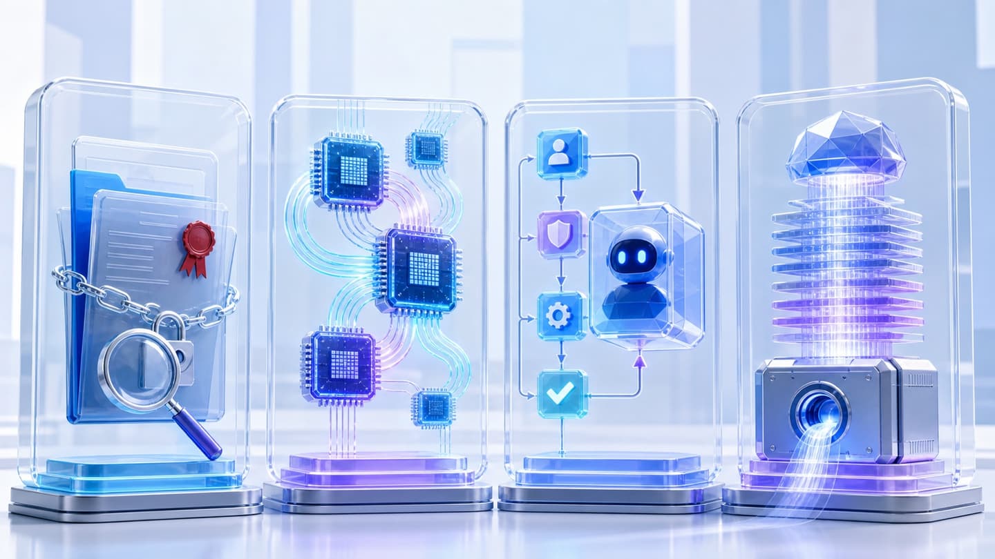 Vier transparante vitrines met juridisch toezicht, verbonden AI-chips, een gecontroleerde agentworkflow en modellagen die door een compacte GPU stromen.