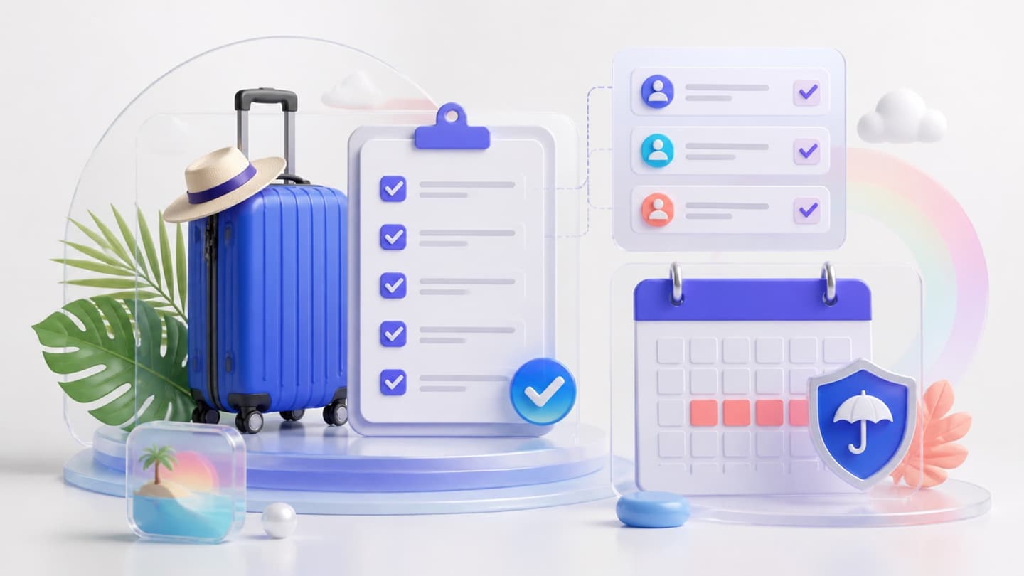Een reiskoffer naast een afgewerkte werkchecklist, gedelegeerde taken en een afgeschermde afwezigheidskalender.