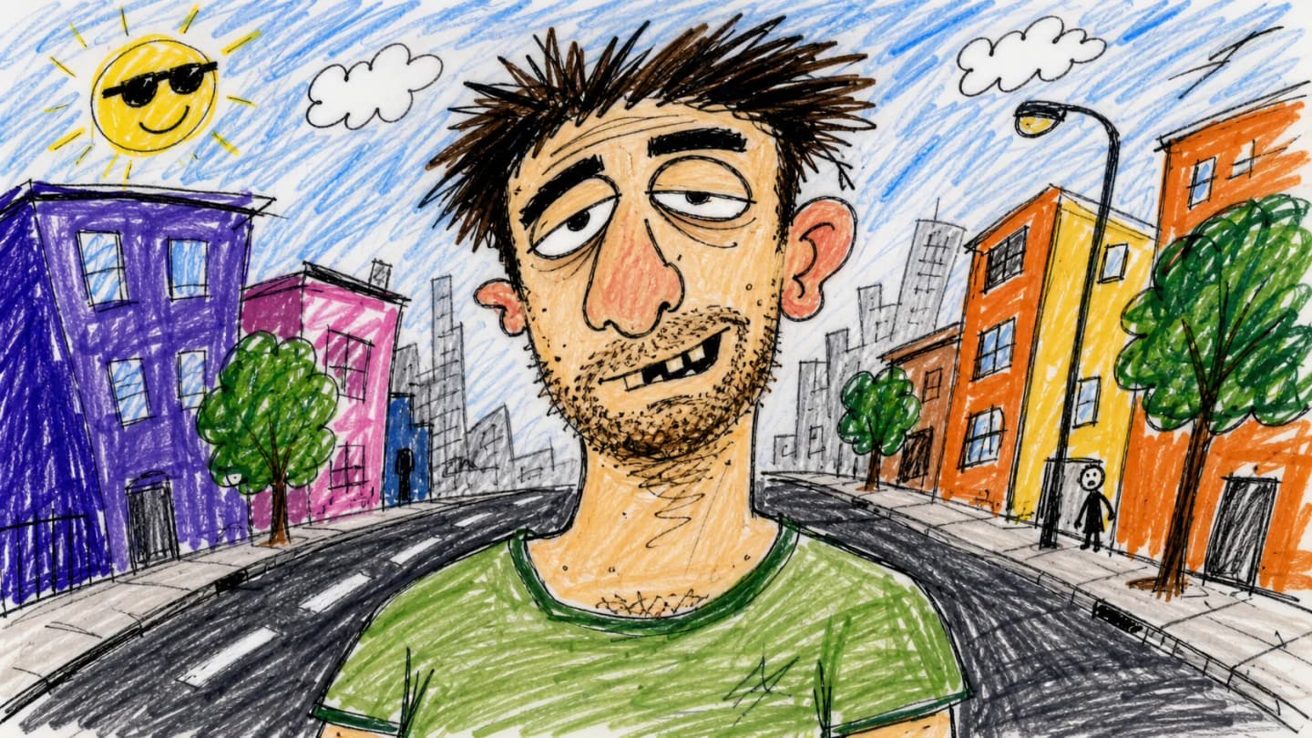 Een slaperig cartoonmannetje met scheve tanden staat in een kinderlijk getekende stadsstraat onder een lachende zon met zonnebril.