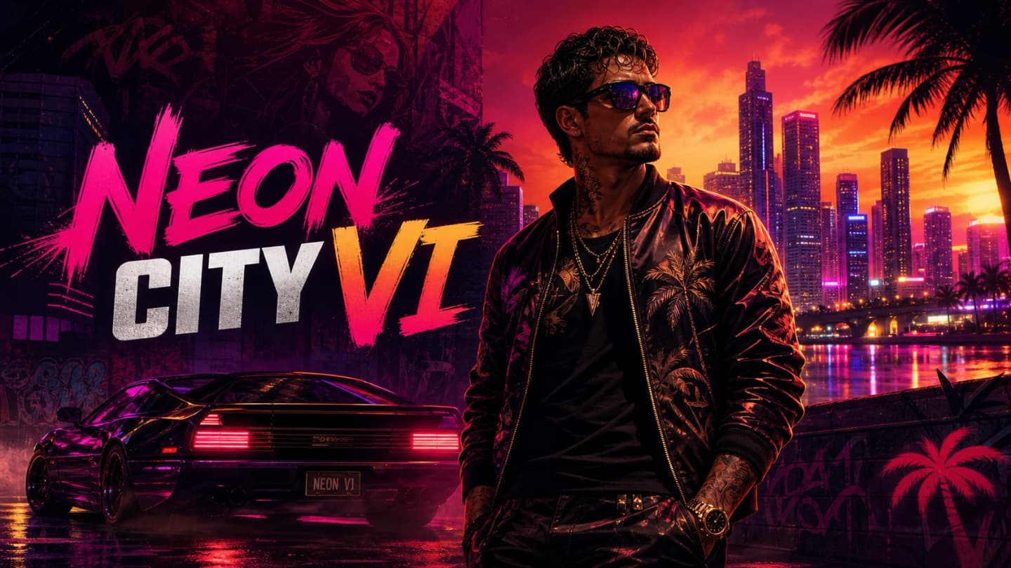 Een fictieve Neon City VI-poster toont een stijlvolle man, een zwarte sportwagen, palmbomen en een gloeiende magenta-oranje skyline bij zonsondergang.