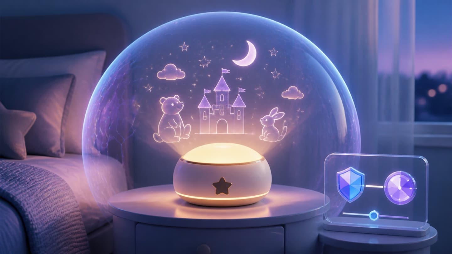 Warme nachtlamp die verhaalfiguren projecteert binnen een transparante privacybubbel, met daarnaast een glazen paneel dat ouderlijk toezicht verbeeldt.
