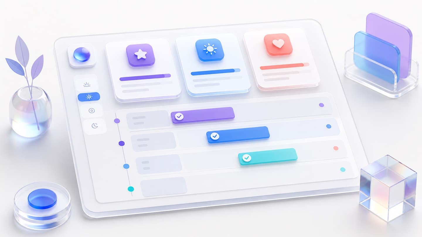 A calm daily planner with three elevated priority cards, time blocks and completed task markers.