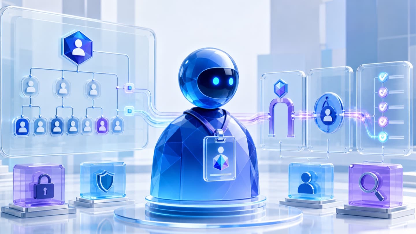 Blue enterprise AI agent wearing a digital identity badge among access permissions and audit trails.