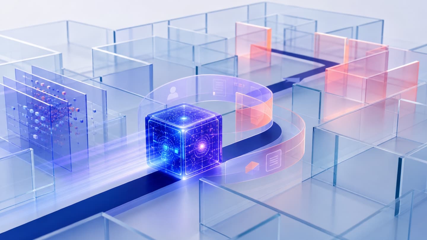 The same AI model cube navigating a maze that changes as memory and context layers are added.