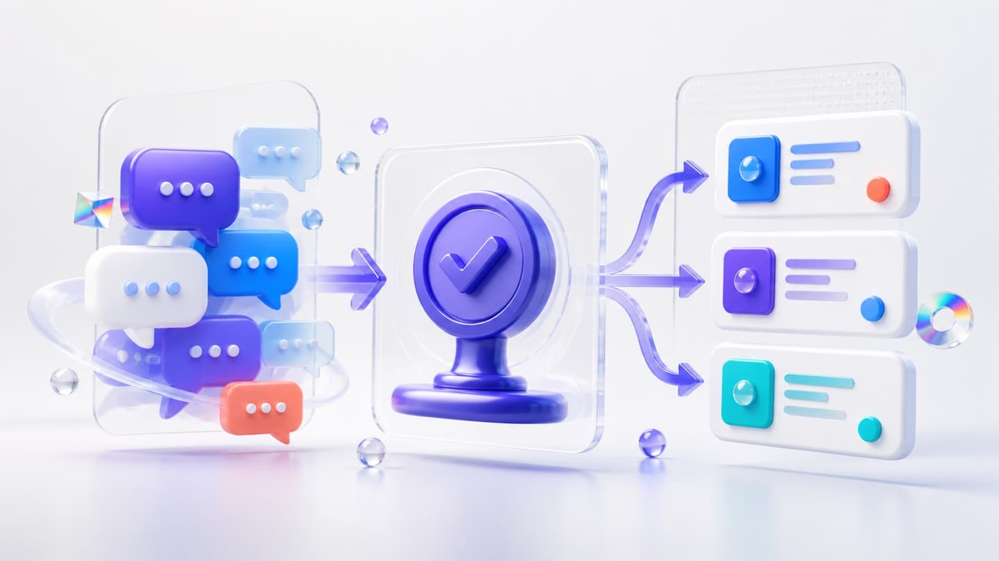 Conversation bubbles turning into a decision stamp, named action cards and follow-up arrows.