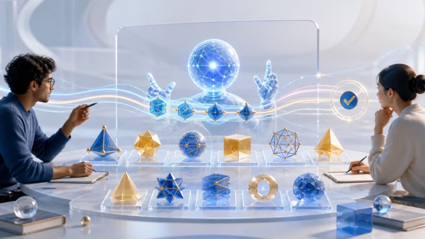 Lichtgevende wiskundige structuren die een AI-model met menselijke onderzoekers verbinden in transparante glaslagen.