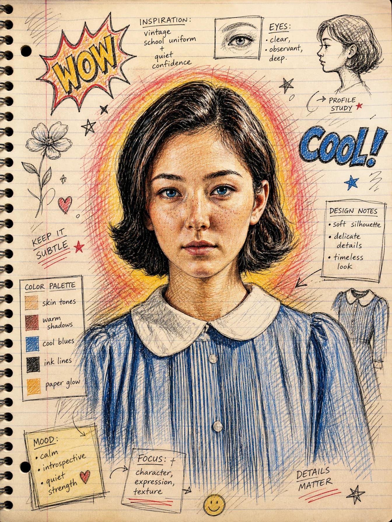 Kleurpotloodportret van een blauwogige vrouw op notitiepapier, omringd door stripwoorden, ontwerpnotities, schetsen en een warme rood-gele gloed.