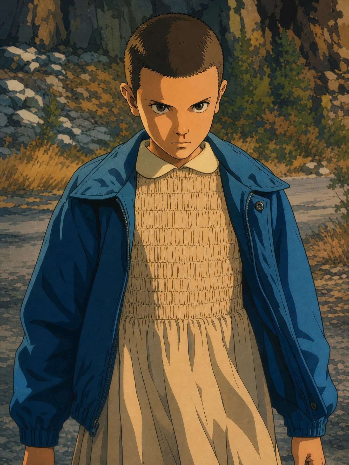 Animeportret met cel-shading van een vastberaden jonge vrouw met kort haar en een blauwe jas in een rotsachtig herfstlandschap.
