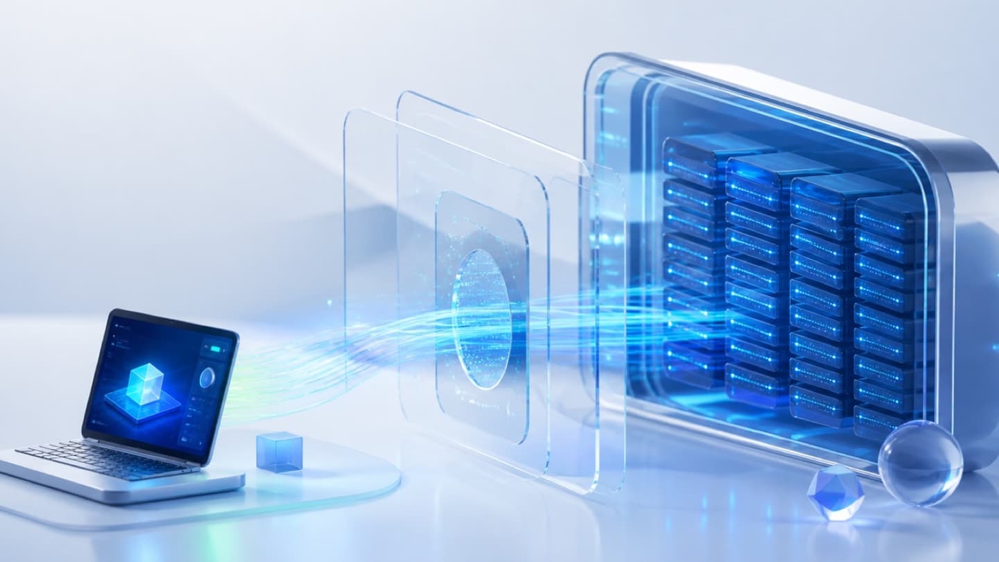 Een lokale ontwikkelwerkplek die via transparante workflowlagen verandert in een extern cloudcommandocentrum.