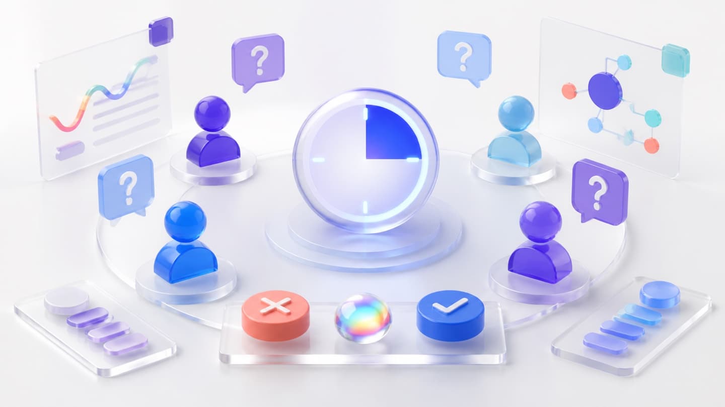A compact two-minute briefing scene with attendee nodes, open questions, decisions and a luminous timer.