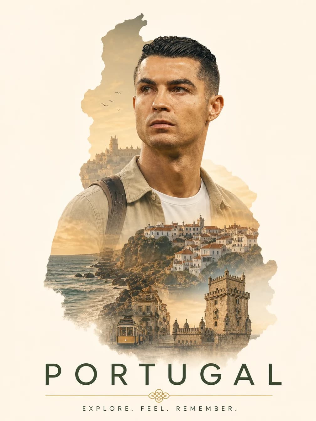 Cristiano Ronaldo in reiskleding, verweven met een montage in de vorm van Portugal met kustlijn, heuvelstadjes, een tram en de Toren van Belém.