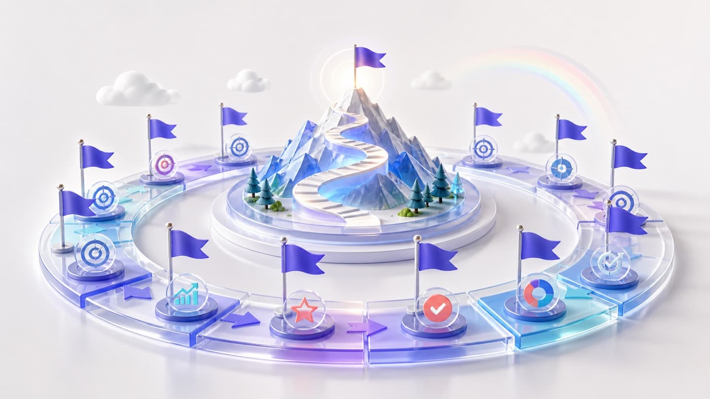 Une feuille de route de douze mois avec des drapeaux d'étape, des cibles mesurables et un objectif clair du sommet.
