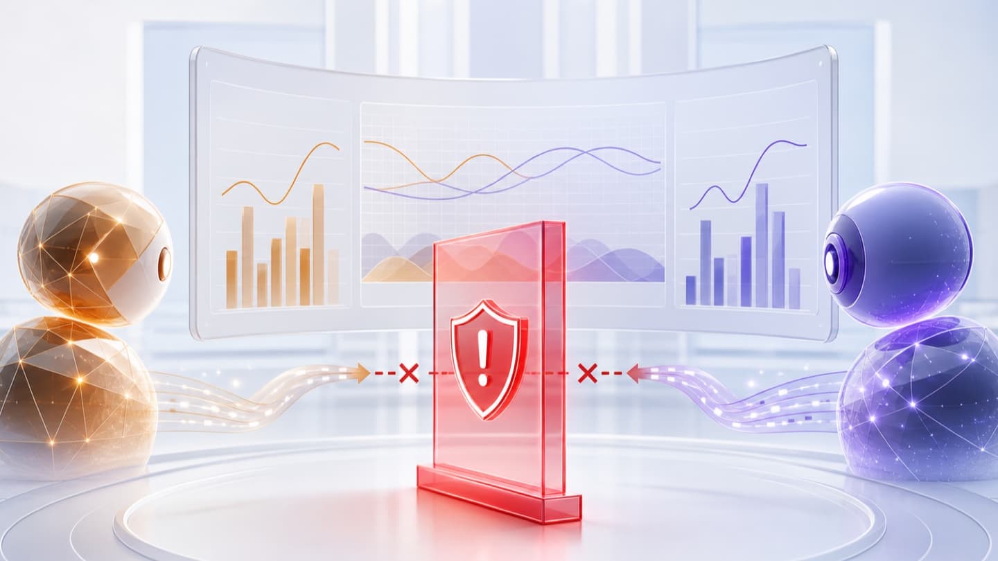 Two AI agents facing a pricing dashboard while a red compliance barrier blocks coordinated pricing arrows.