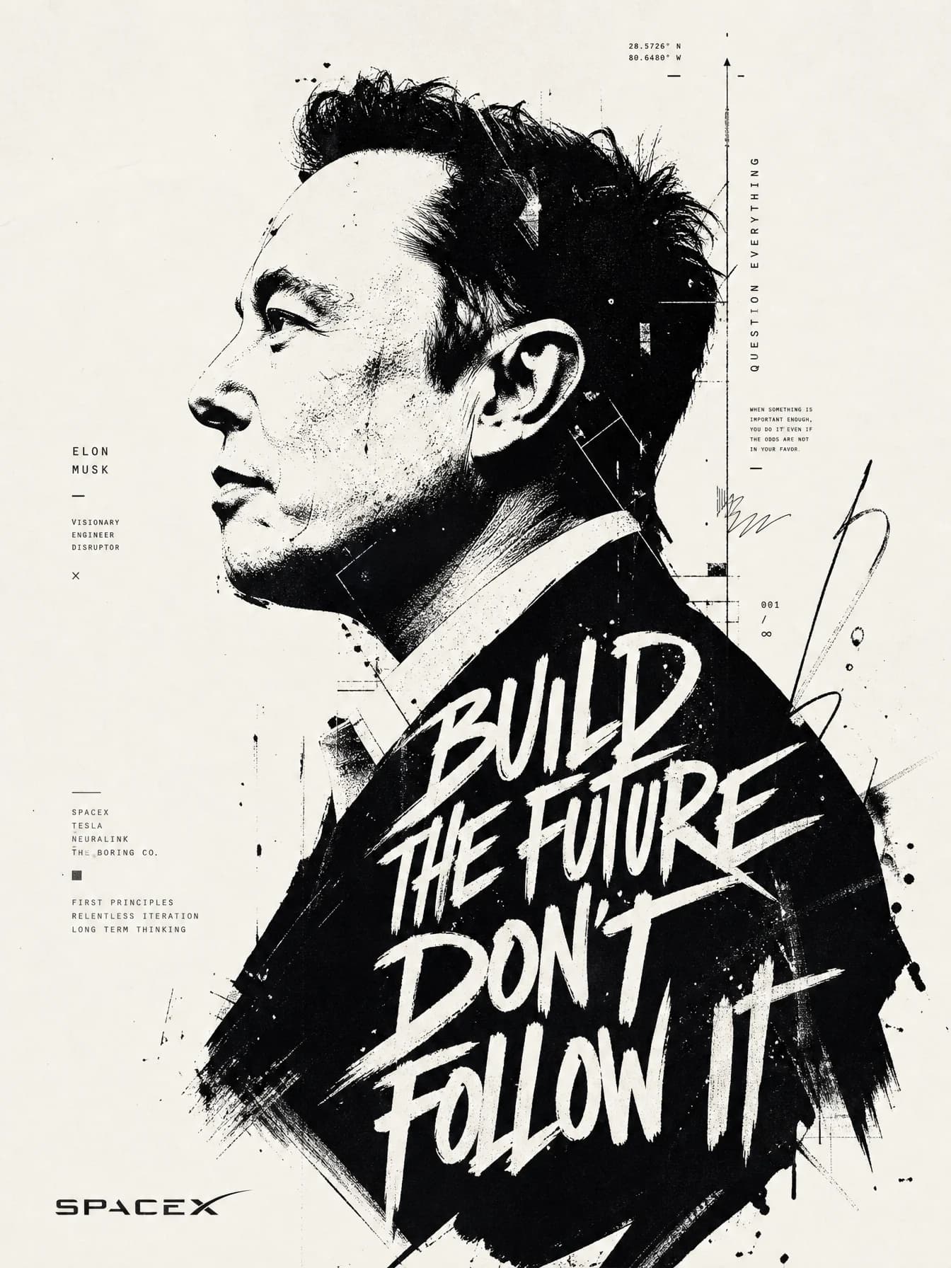 Zwart-witte profielposter van Elon Musk, opgebouwd uit ruwe inkttexturen, redactionele microtekst en grote handgeschreven letters.