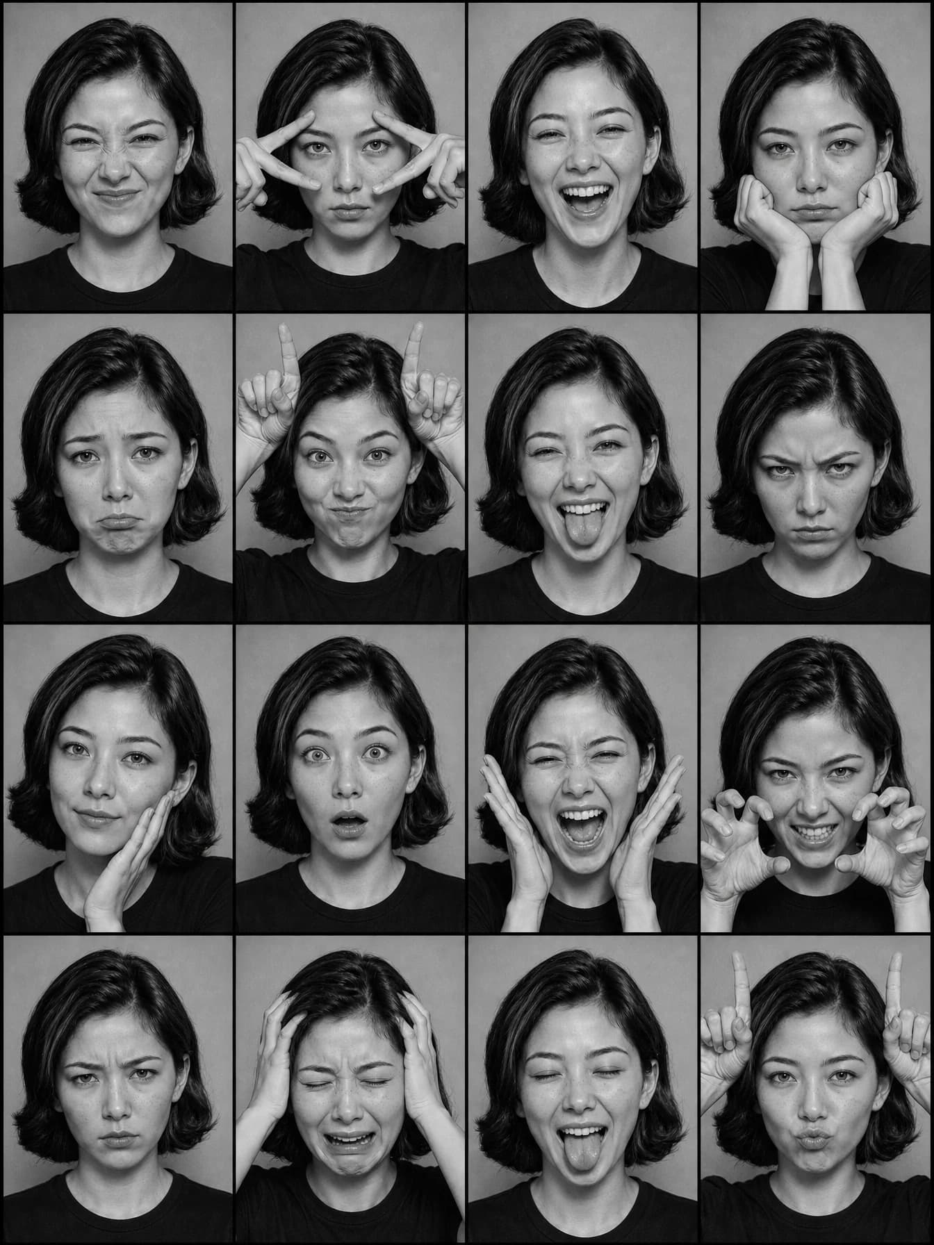 Zwart-witte 4 × 4-contactsheet waarop dezelfde vrouw zestien fotohokjesuitdrukkingen en -gebaren uitvoert.