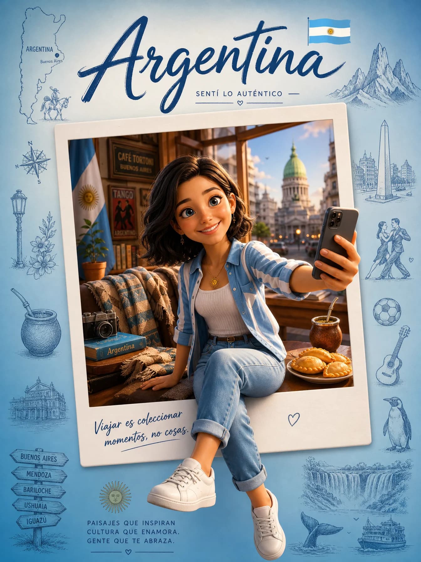 Reisposter van Argentinië met een glimlachende 3D-cartoonreiziger die vanuit een Polaroidkader een selfie neemt, omringd door bezienswaardigheden en doodles.