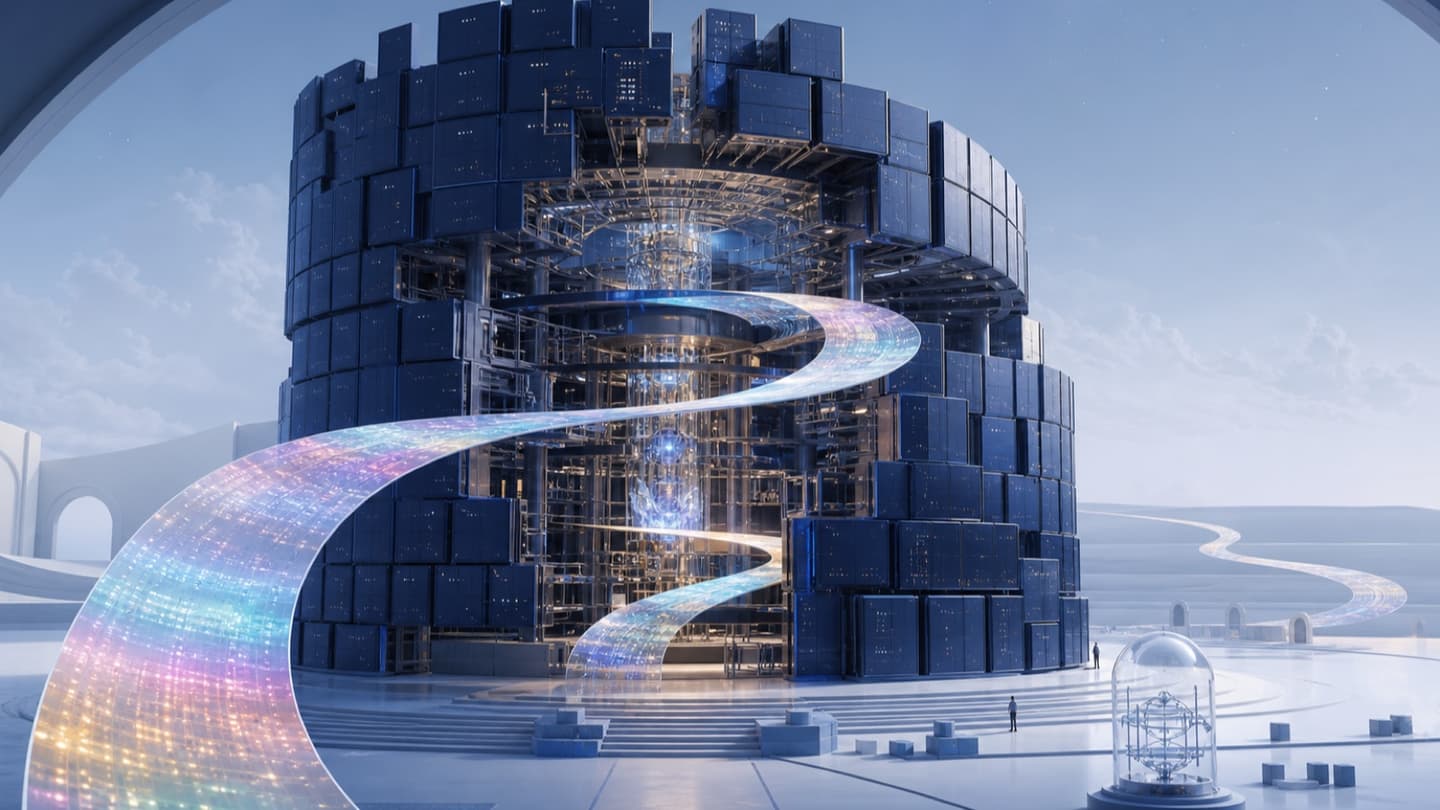 Moonlit open AI model made of stacked weight blocks with a long ribbon representing a million-token context window.