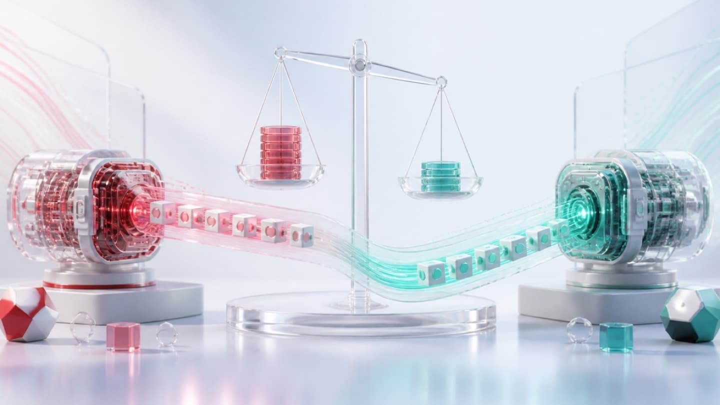 Abstracte prijsconcurrentie voor AI, met dalende kostmarkeringen die door een lichtgevende modelpoort stromen.