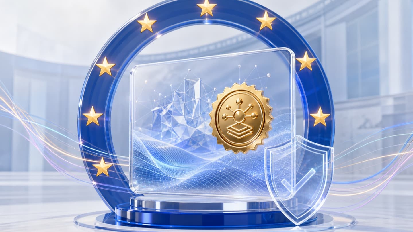 AI-generated media panel with a provenance marker, framed by European blue-and-gold regulatory symbols.
