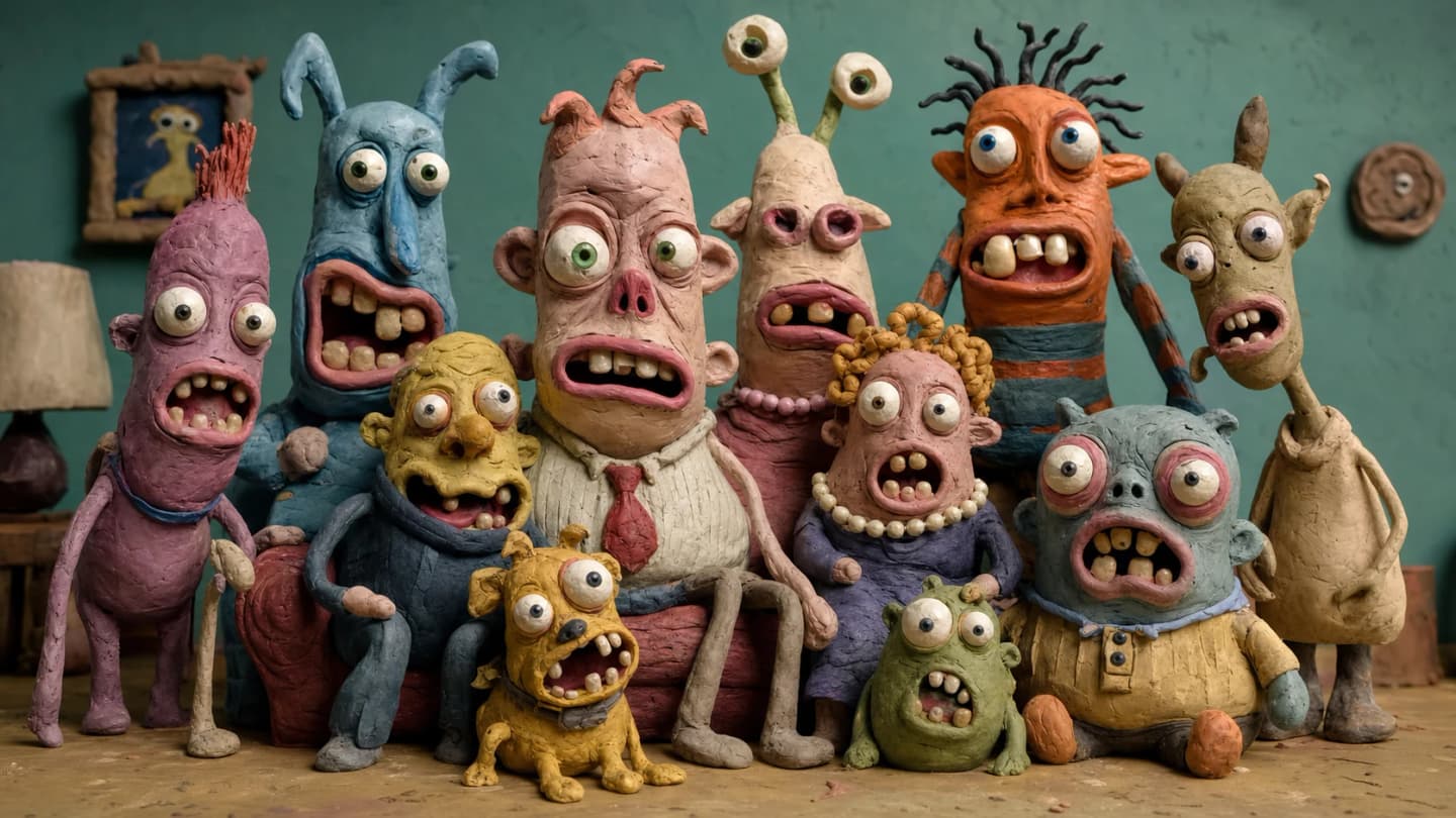 Een groep geschrokken, handgemaakte kleifiguren met uitpuilende ogen, scheve tanden en zichtbare plasticinetexturen poseert in een turkooizen studioruimte.