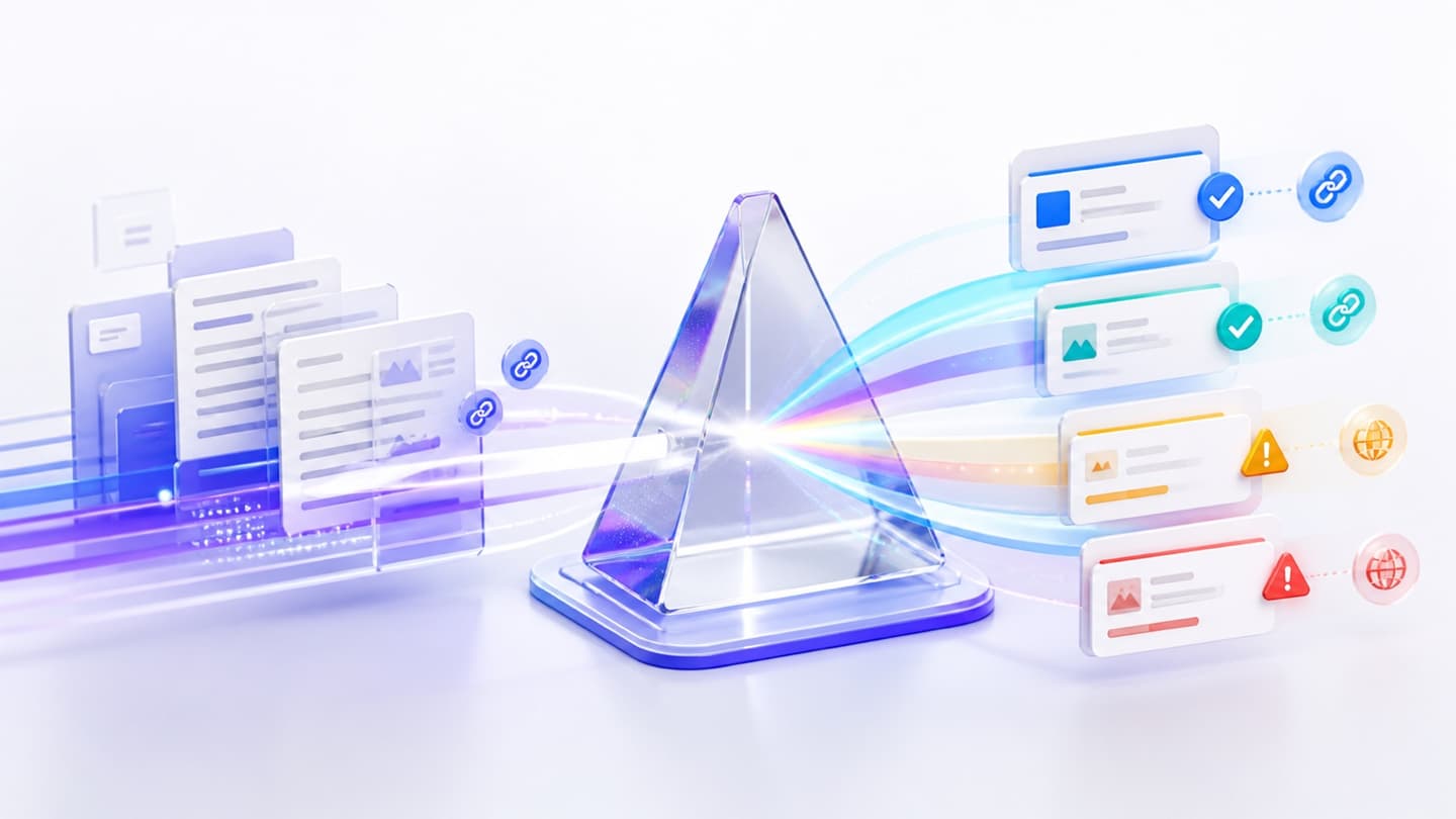 Documents and claims passing through a transparent verification prism with source links, confidence markers and warning flags.