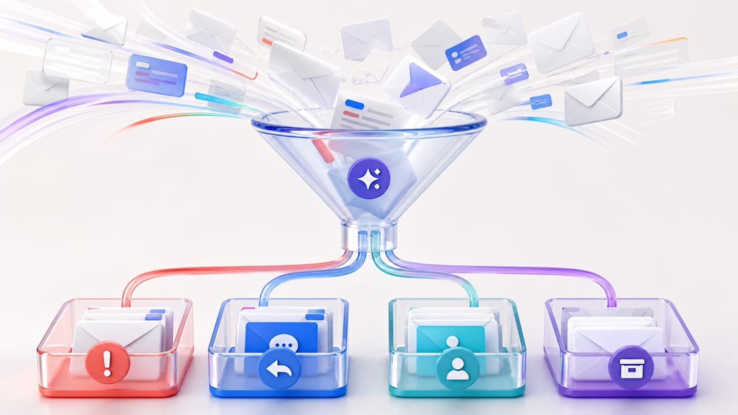 A busy inbox flowing through a smart sorting funnel into urgent, reply, delegate and ignore trays.