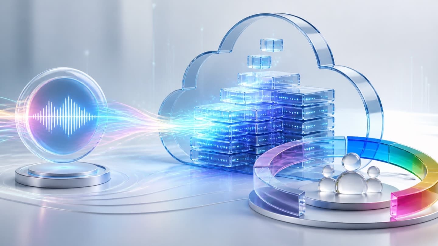 Een spraakassistentbol verbonden met een groeiende private cloud en gelaagde abonnementsopslag.
