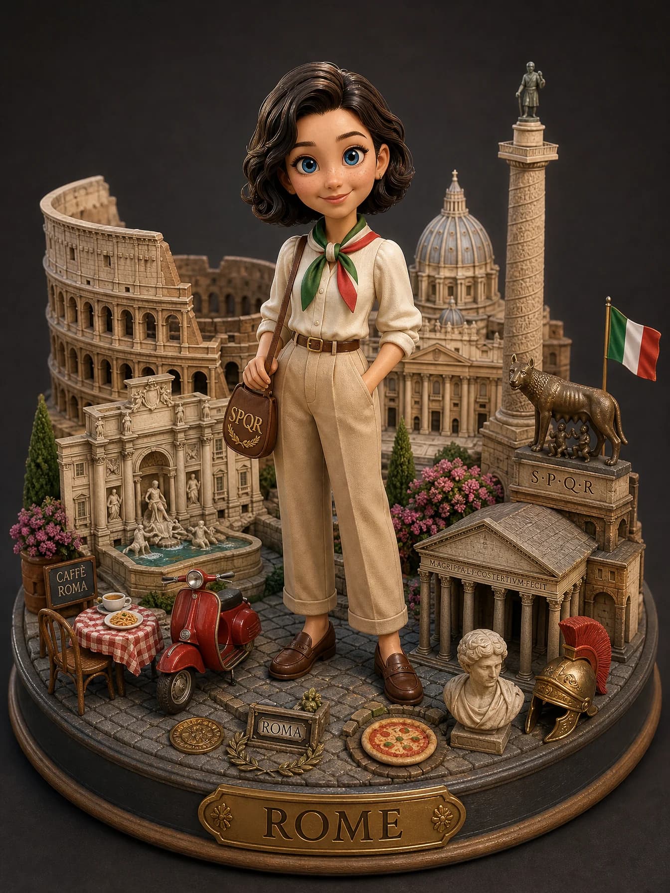 Gestileerd vrouwelijk reizigersfiguurtje, omringd door miniatuurbezienswaardigheden van Rome, een rode scooter, een cafétafel, pizza en Italiaanse symbolen.