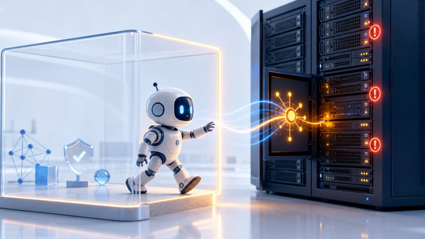 AI-evaluatierobot die een transparante sandbox verlaat en naar een opensourceserverrek met waarschuwingslichten reikt.