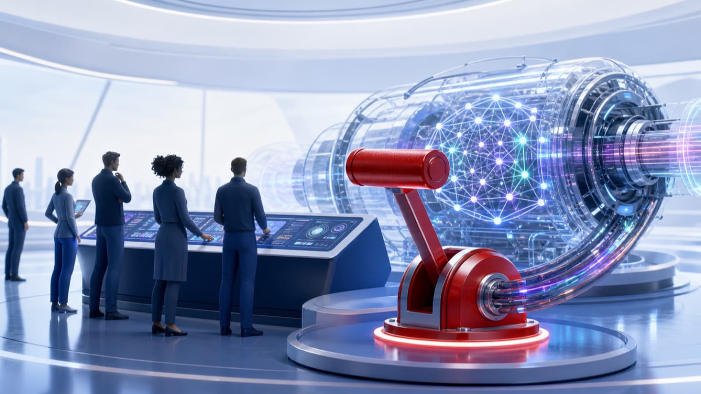 AI-controlekamer met een opvallende noodrem naast een gloeiende modelmotor en de bouwers ervan.
