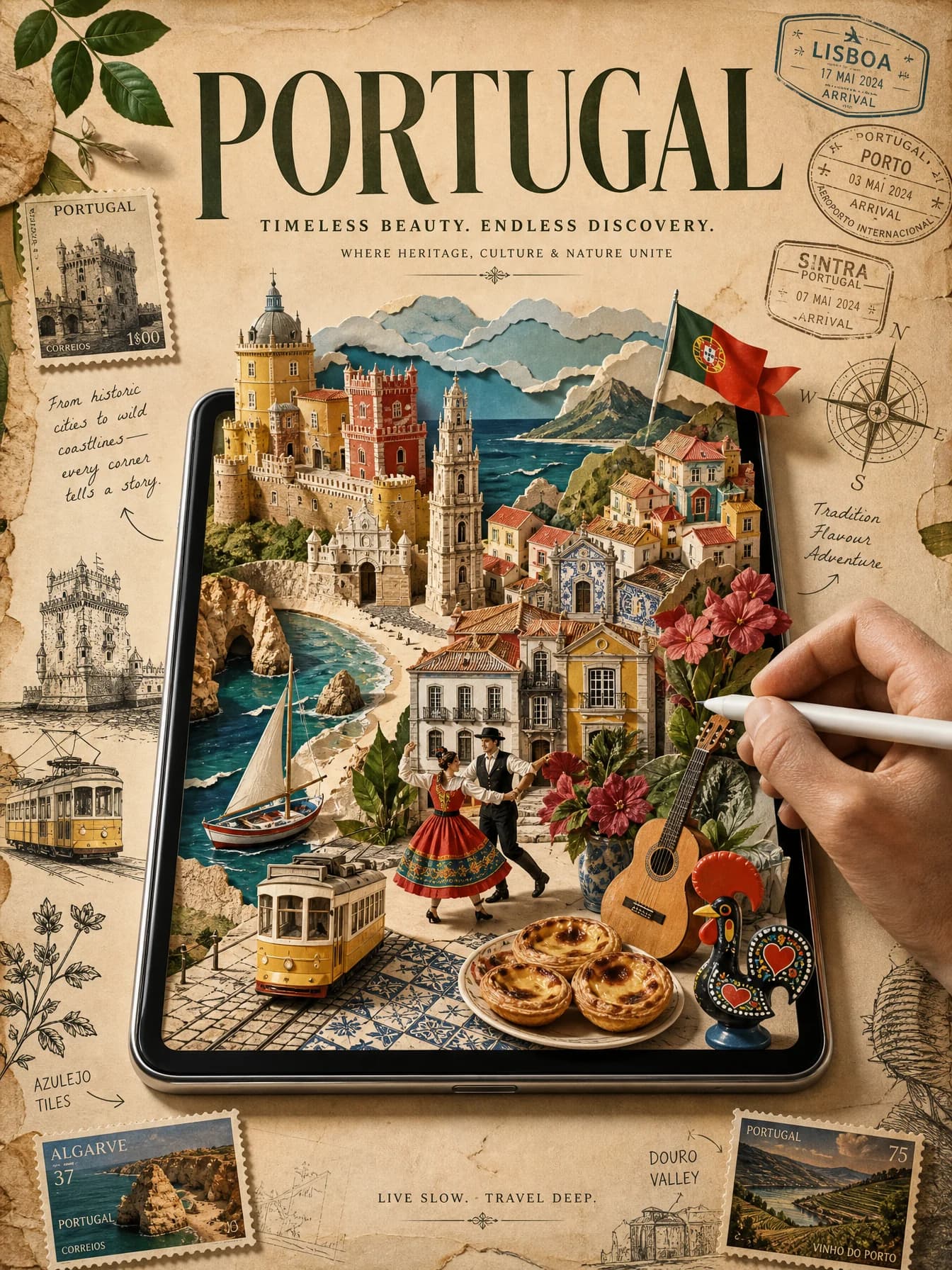 Vintage reisposter van Portugal met een tablet vol papercraftbezienswaardigheden, kustlijnen, eten en culturele details.