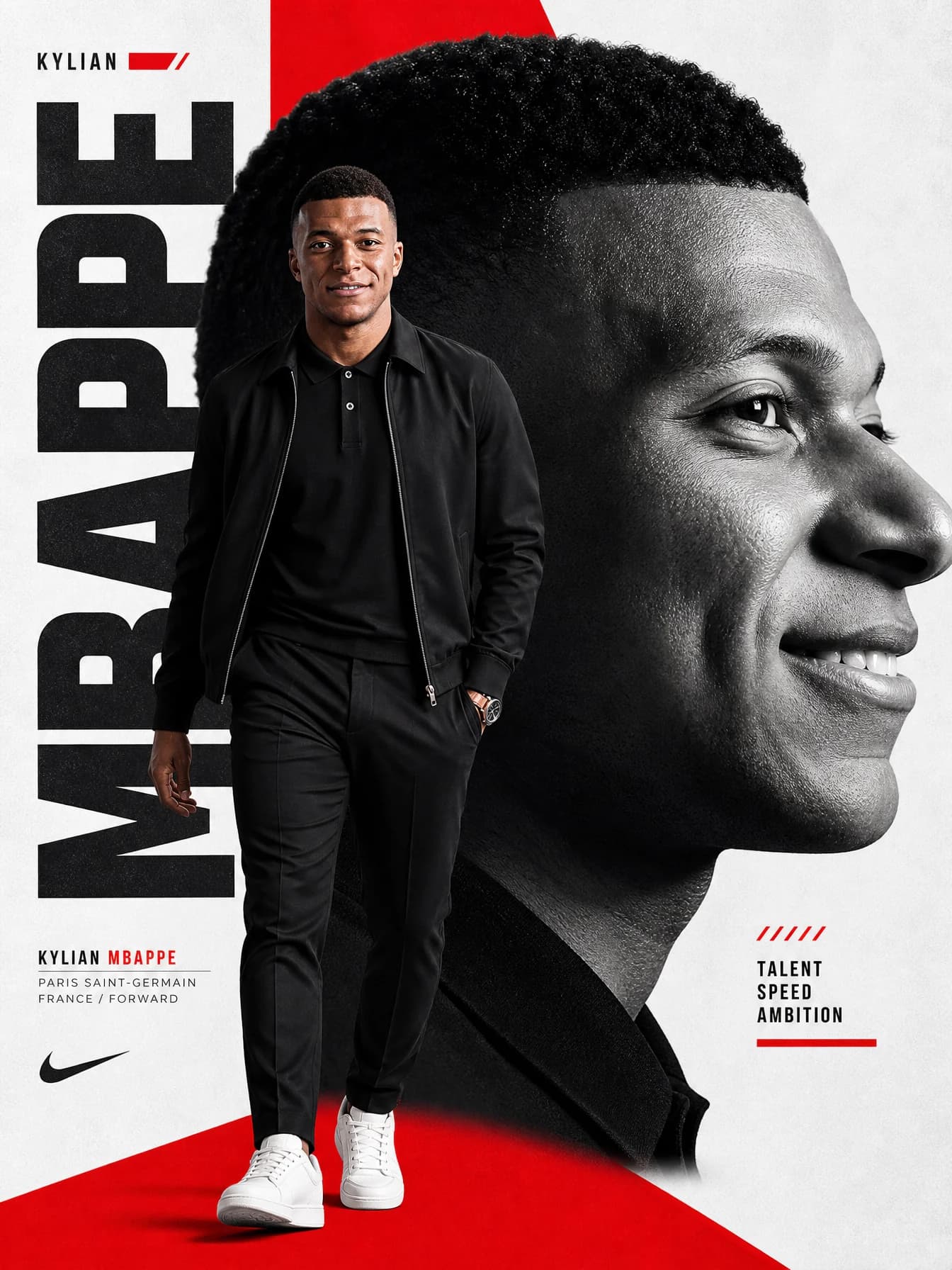 Kylian Mbappé in een volledig zwarte outfit staat voor een uitvergroot zwart-wit profielportret met rode accenten van een sportposter.