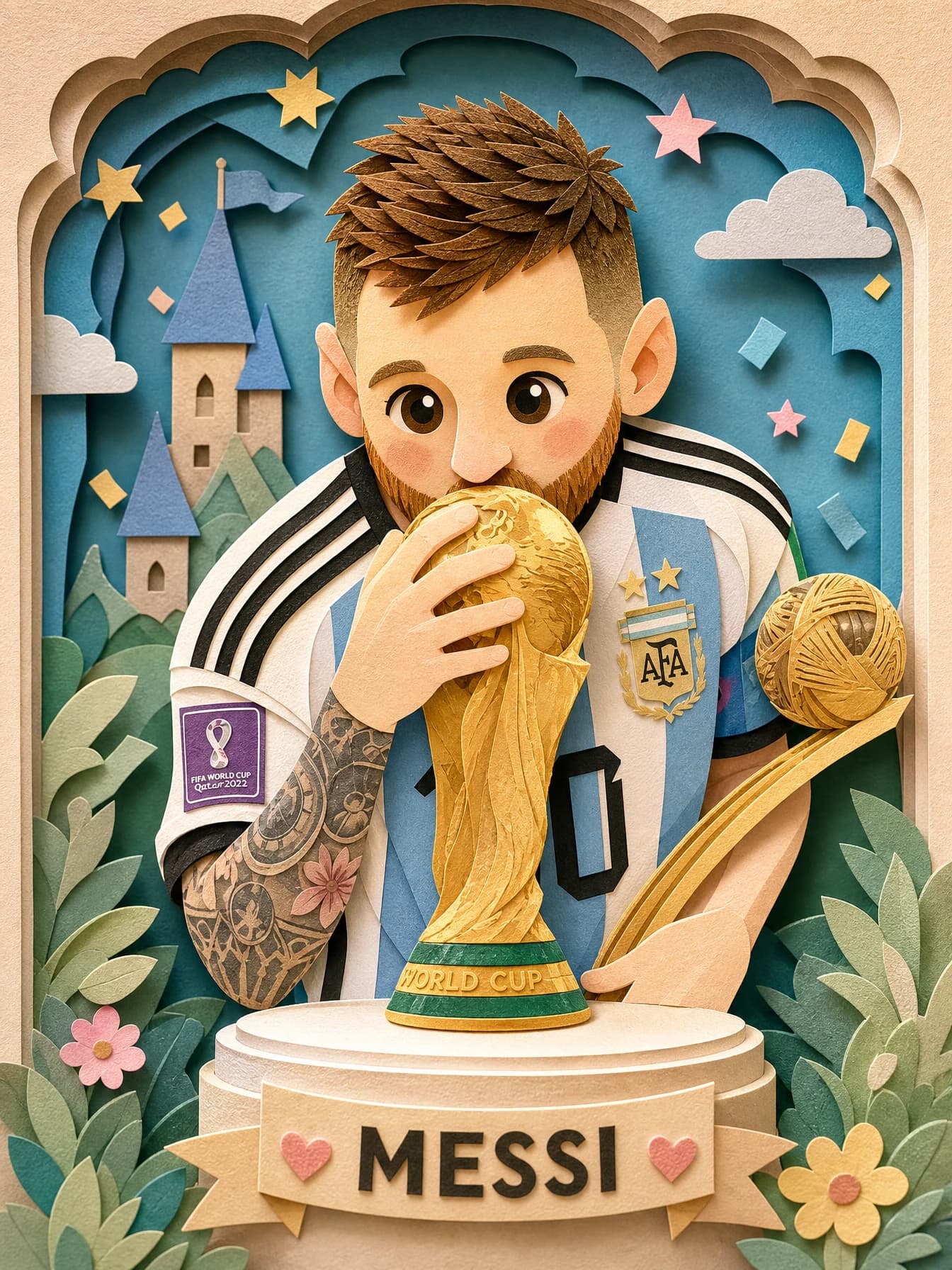 Gelaagd papierknipportret van Lionel Messi die een gouden trofee kust, tussen pastelbloemen, kasteelvormen en een naamplaatje.
