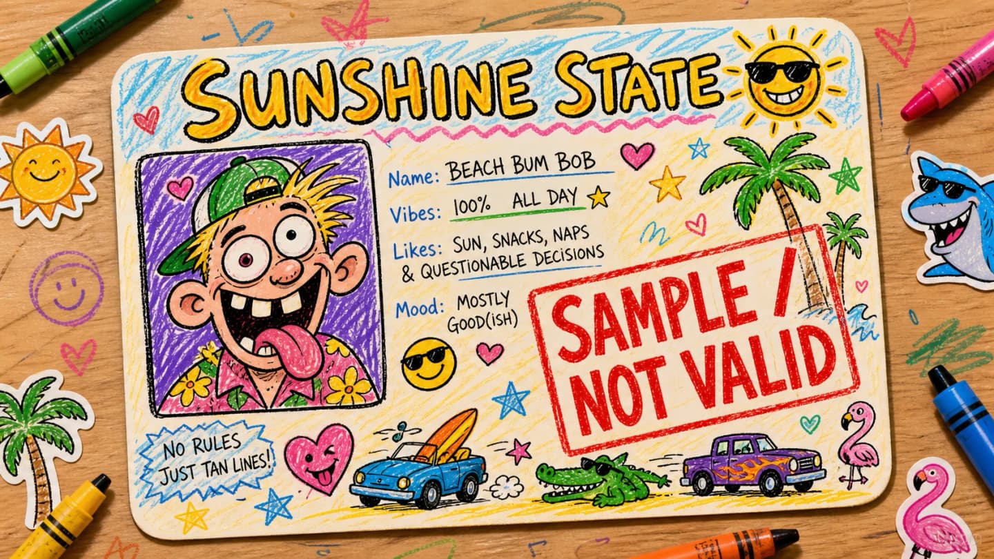 Een nieuwigheidskaart voor Sunshine State in krijtstijl toont Beach Bum Bob, palmbomen en auto’s onder een grote rode stempel SAMPLE / NOT VALID.