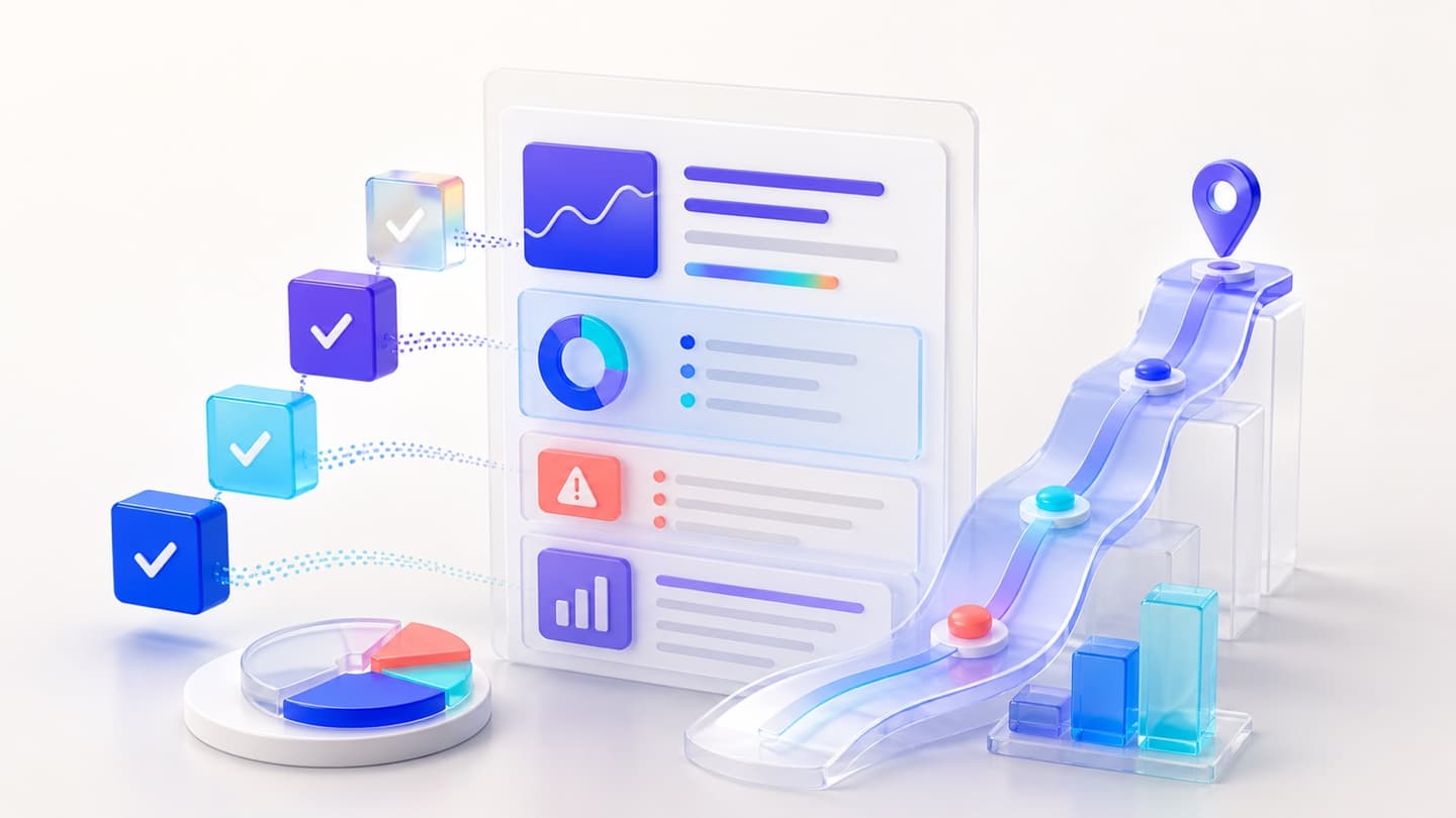 A concise status report assembling itself from progress blocks, risk markers and an upward roadmap.