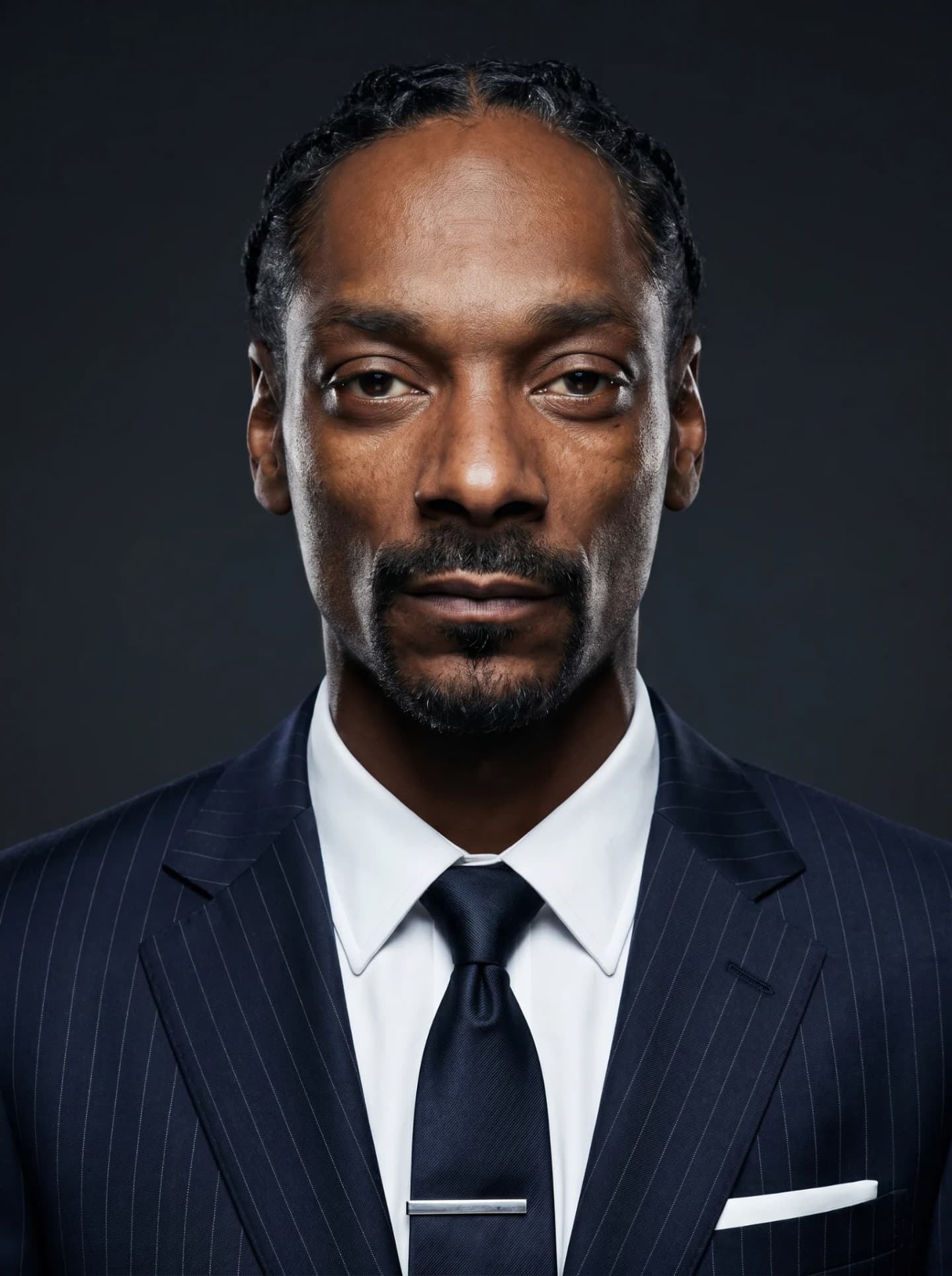 Snoop Dogg kijkt recht in de camera in een marineblauw krijtstreeppak met das, tegen een donkere studioachtergrond.
