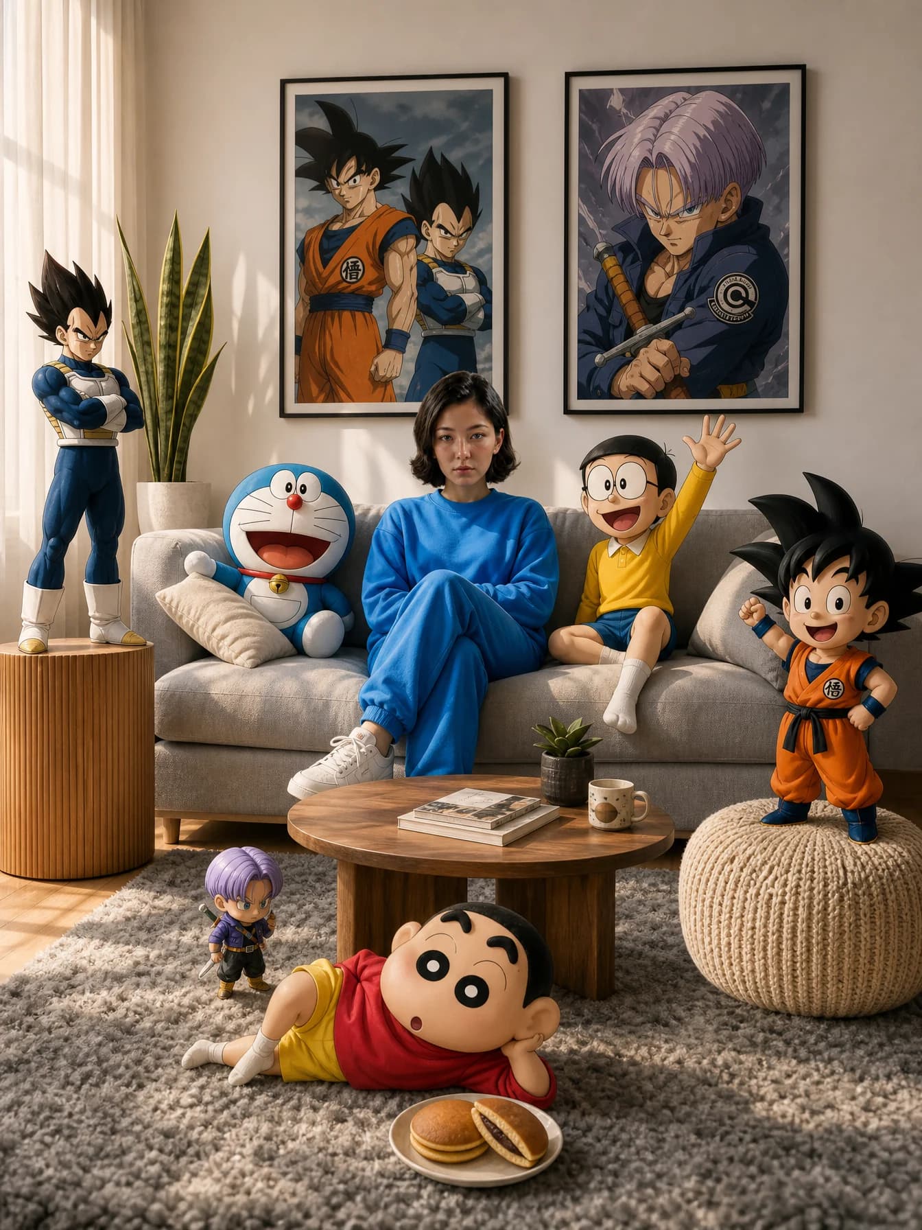Een vrouw in een felblauw trainingspak zit in een moderne woonkamer tussen Doraemon, Nobita, Shinchan en personages uit Dragon Ball.