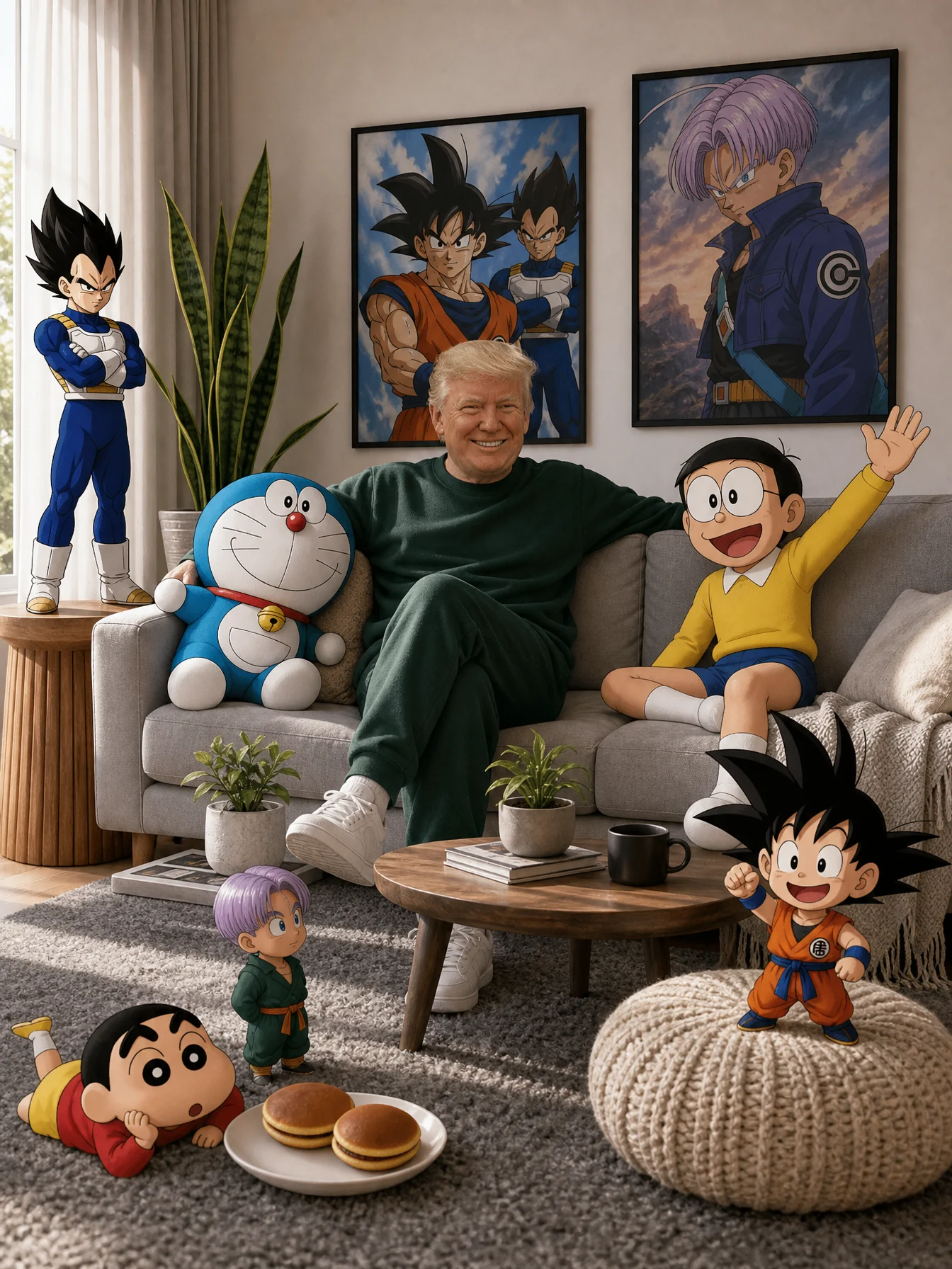 Een vrouw in een felblauw trainingspak zit in een moderne woonkamer tussen Doraemon, Nobita, Shinchan en personages uit Dragon Ball.