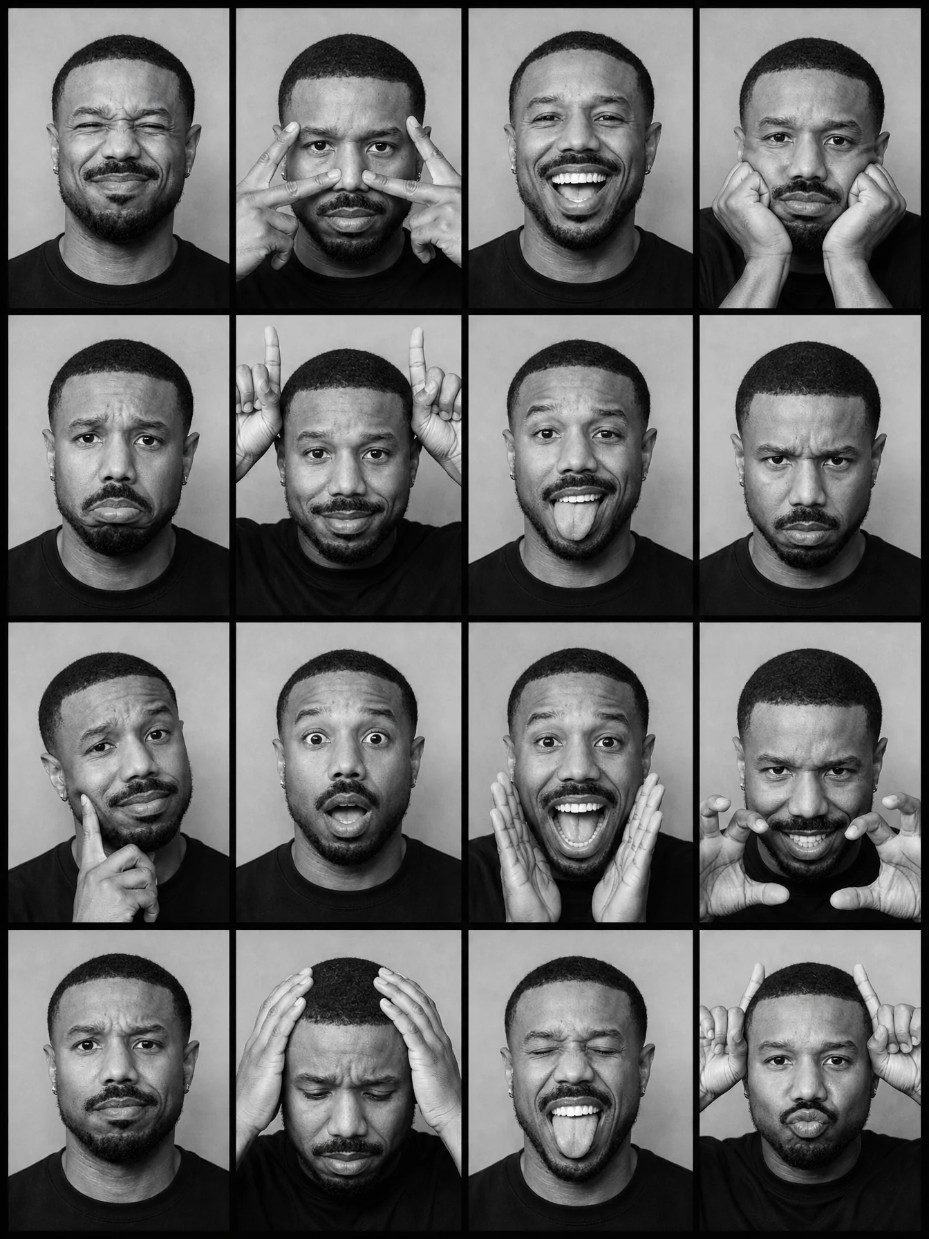 Black-and-white 4x4 contact sheet showing the same woman performing sixteen photobooth expressions and gestures.